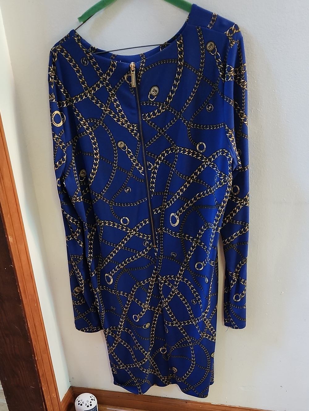 Michael Kors Royal Blue Gold Chain-Print Long Sleeve Dress